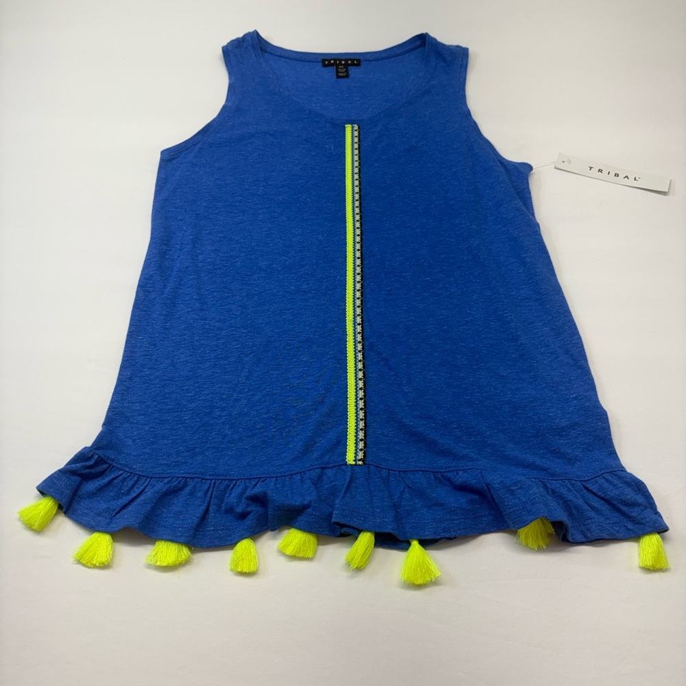 Tribal Royal Blue Tank with Neon Yellow Tassel Trim Size Small